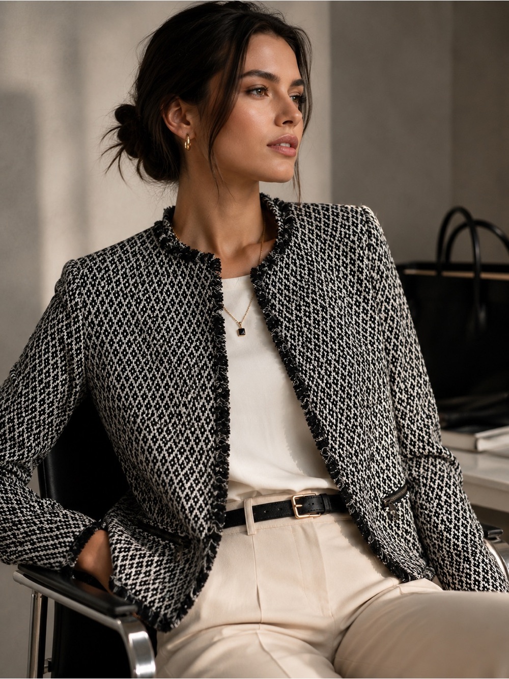 Topshop Black Ivory Tweed Fringe Crop Blazer Zip Pocket Jacket US 6